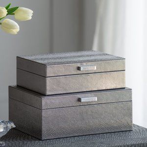 Set of 2 Faux Leather Silver Modern Minimalist Keepsake and Memento Safe Jewelry